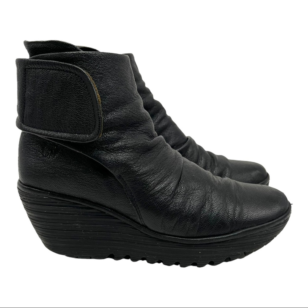 Fly London Yebi Black Leather Wedge Booties FLAW